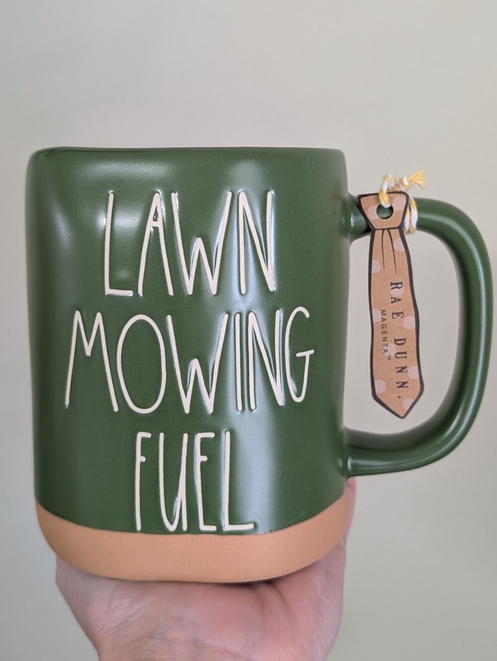 Rae Dunn LAWN MOWING FUEL Soft Matte Olive Green Mug with Clay Base 🚜
